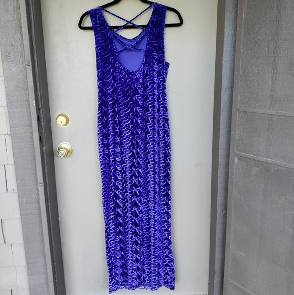 Cartise International Blue Velvet Patterned Maxi Dress Sleeveless Drape Front - Picture 6 of 8